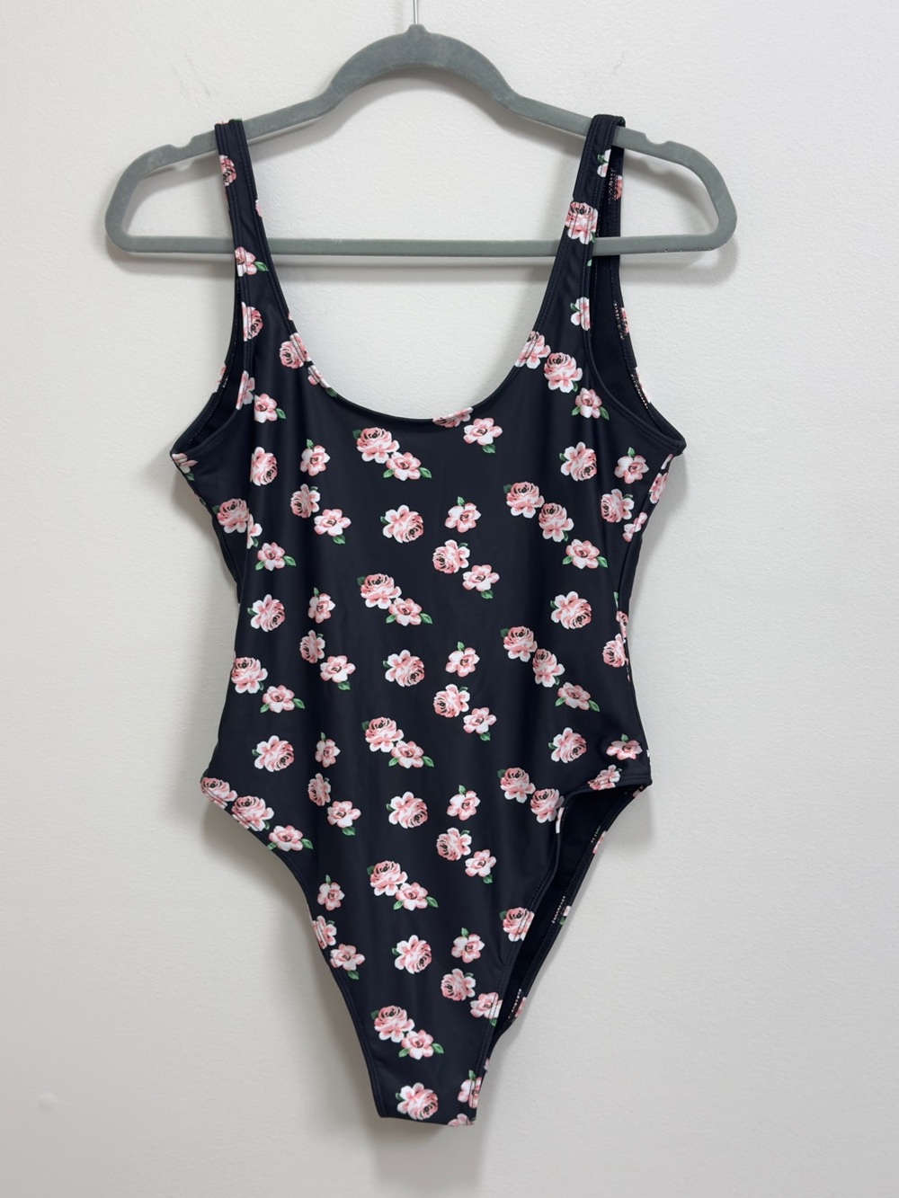 DixPerfect Floral Print High-Cut Scoop-Back One Piece Swimsuit - Black & Pink